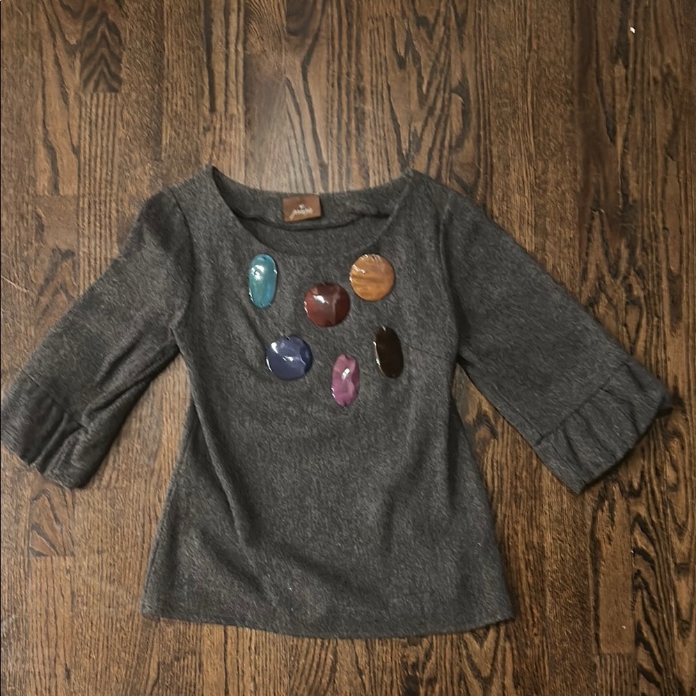 Gray Sweater with Colorful Embroidery and 3/4 Sleeves